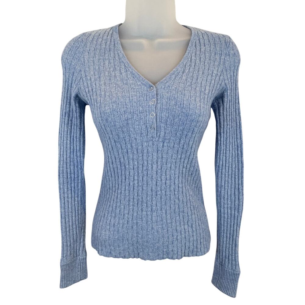 AQUA Pure Cashmere Cable Knit V-Neck Henley Sweater Size XS